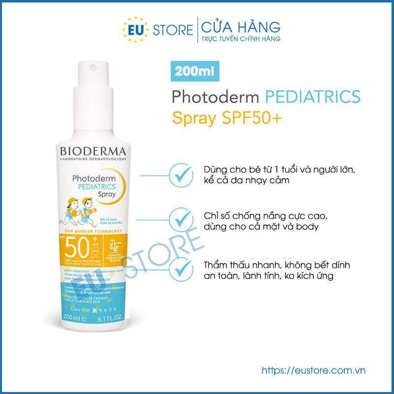 Ưu điểm của xịt chống nắng cho bé Bioderma kid 200ml