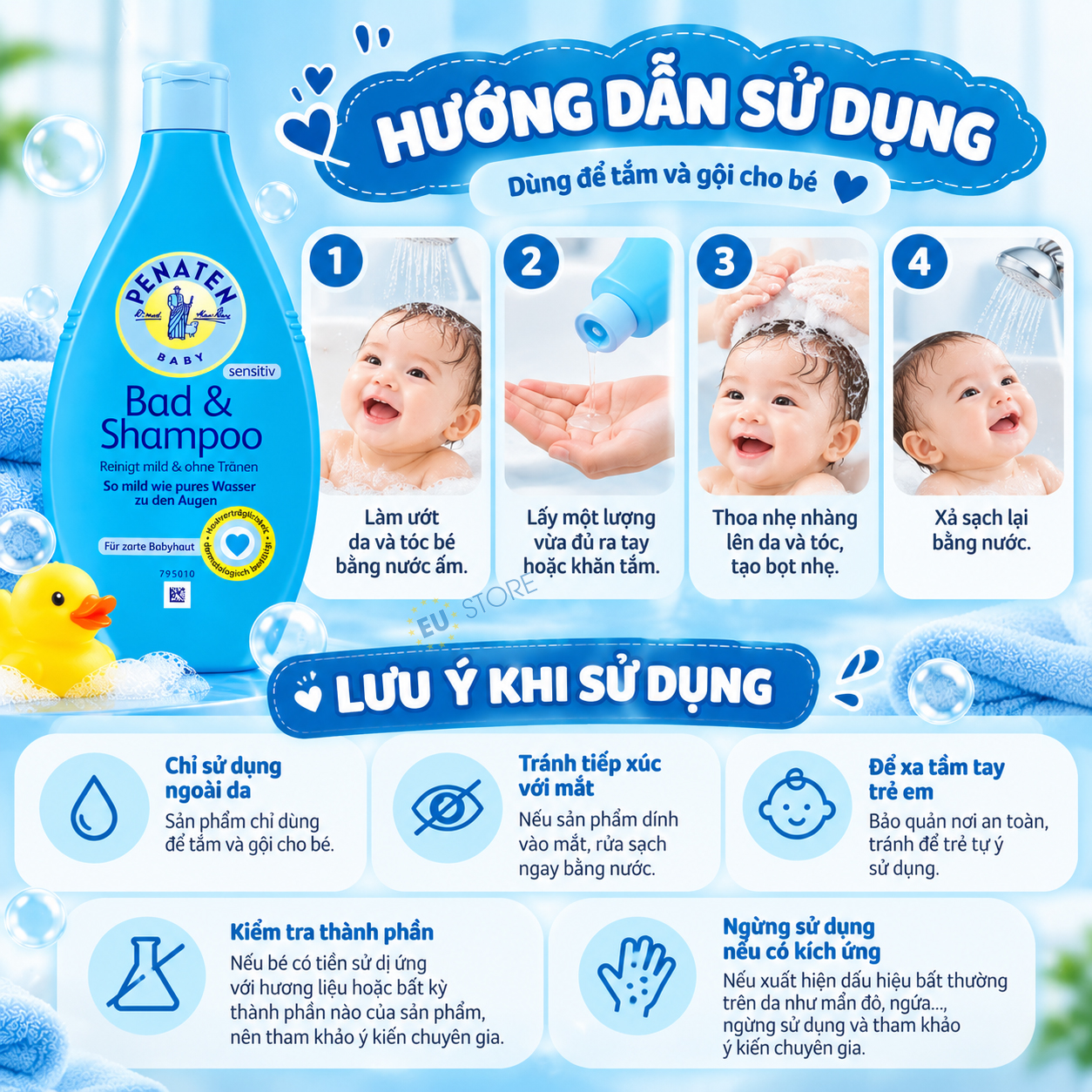 Cách sử dụng Sữa tắm gội dịu nhẹ cho bé PENATEN Baby Bad & Shampoo 400ml Cách sử dụng Sữa tắm gội dịu nhẹ cho bé PENATEN Baby Bad & Shampoo 400ml