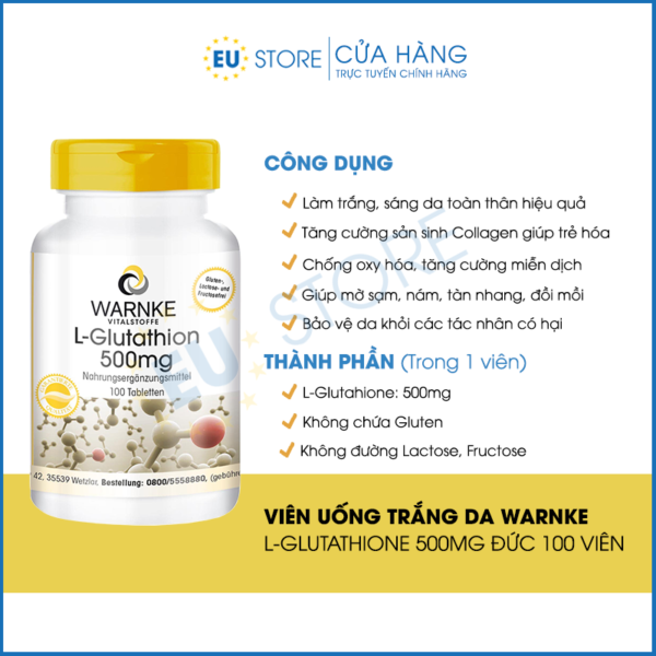 Viên uống trắng da L-Glutathione 500mg Warnke Đức hộp 100 viên