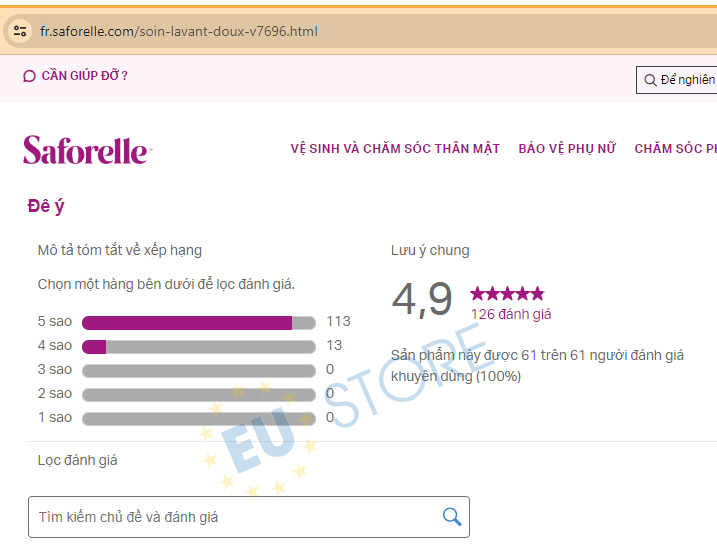 Đánh giá về Dung dịch vệ sinh phụ nữ Saforelle Pháp mẫu mới trên website của hãng