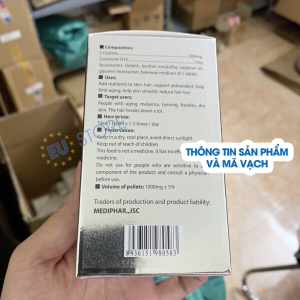 Thành phần và công dụng của viên uống L-Cystine USA Pharma with Coenzim Q10 giảm nám, sạm mẫu mới nhất| EU Store