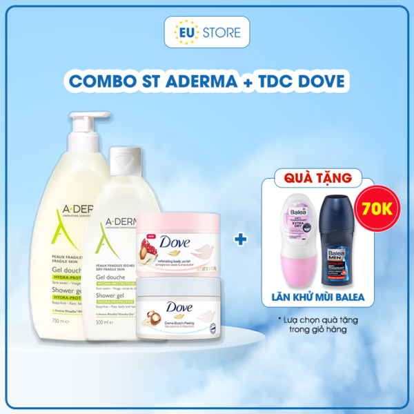 Combo sữa tắm Aderma và Tẩy tế bào chết body DOVE bản Đức