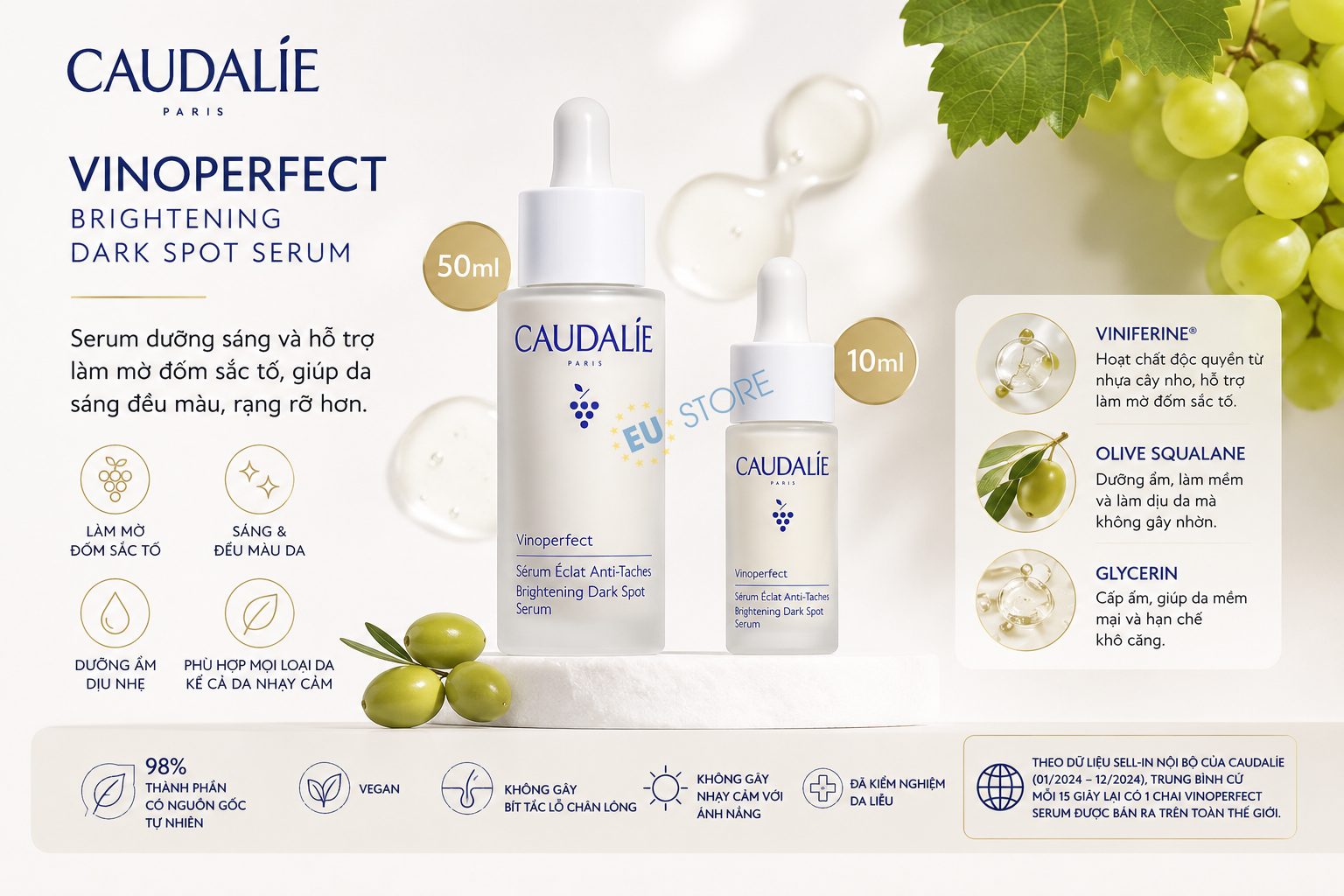Serum Caudalie Vinoperfect Brightening Dark Spot 10ml & 50ml mờ thâm nám, trắng da