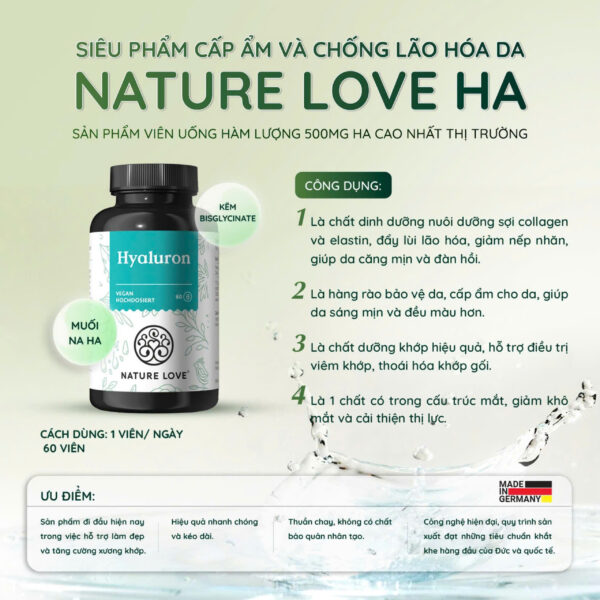 Thành phần của Viên uống cấp nước Hyaluron 500 Nature Love Đức thuần chay, cấp ẩm da, ngừa lão hóa, tốt cho mắt và khớp | Eustore.com.vn