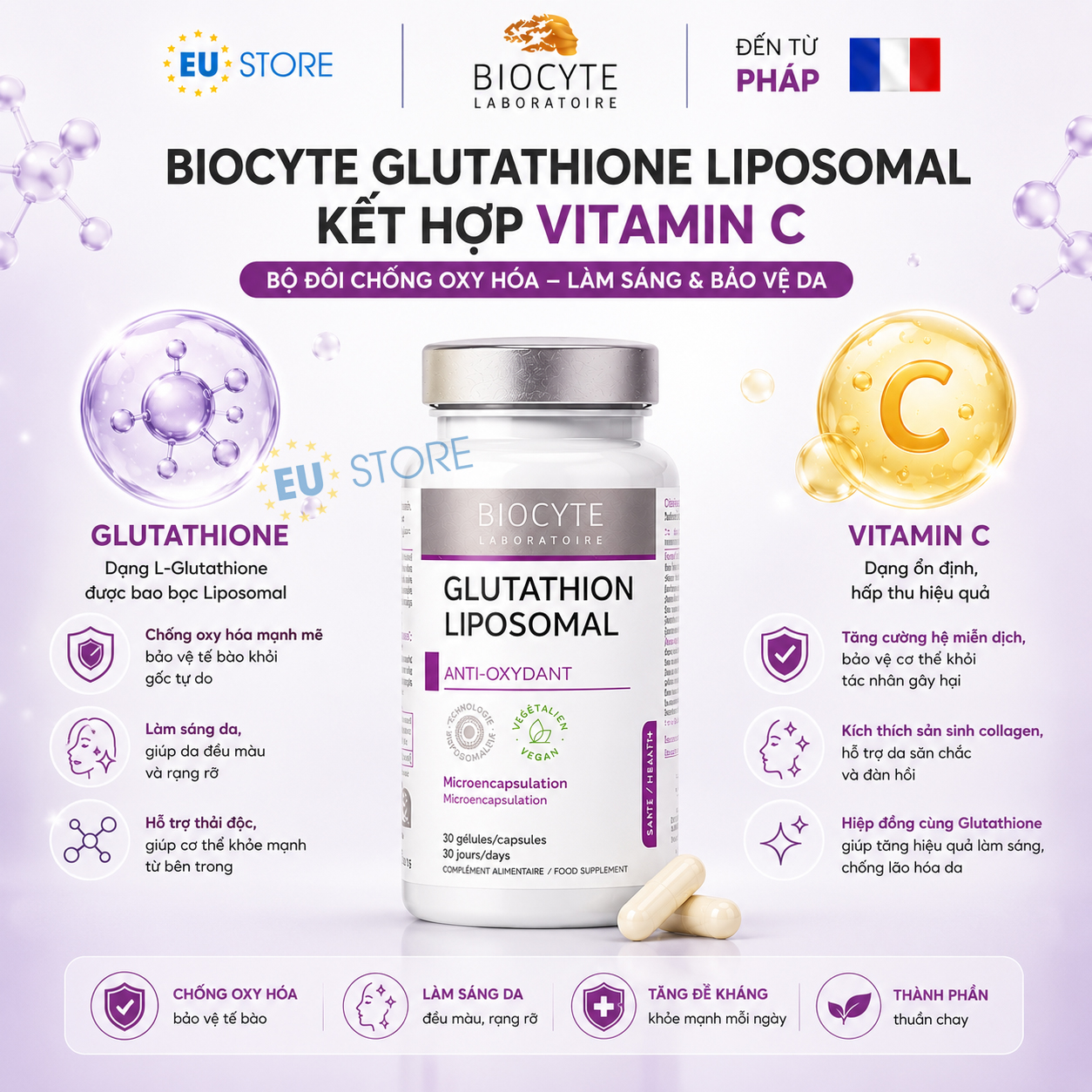 Viên Uống Biocyte Glutathion Liposomal 30 Viên Từ Pháp Viên Uống Biocyte Glutathion Liposomal 30 Viên Từ Pháp