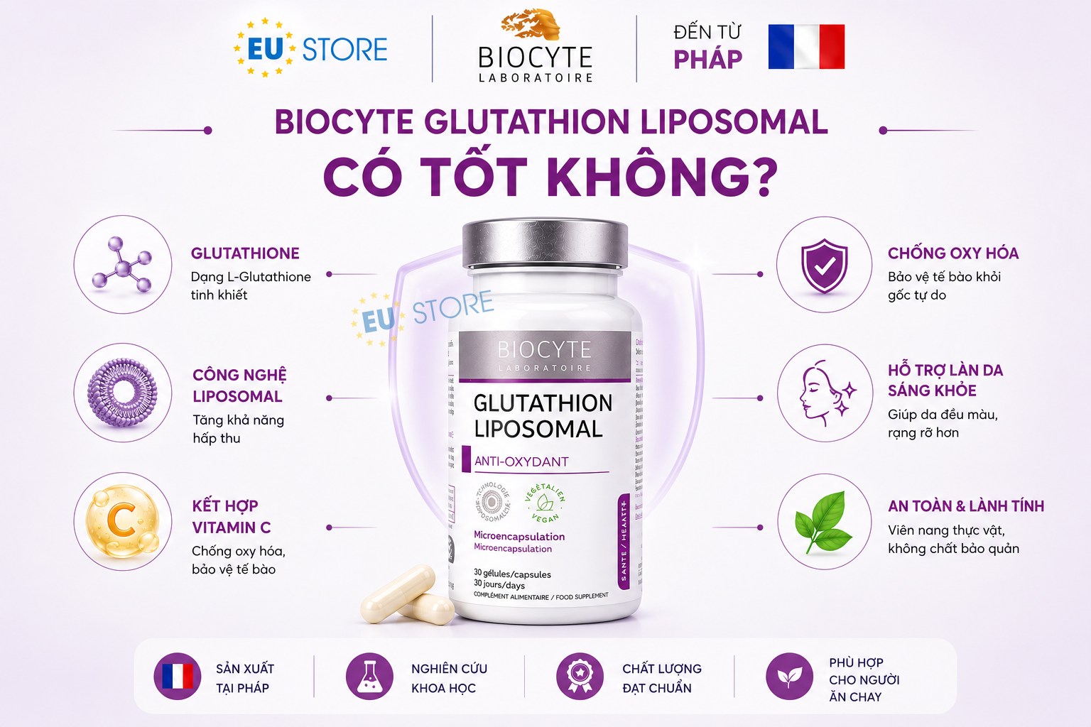Viên Uống Biocyte Glutathion Liposomal 30 Viên Chính Hãng Pháp Viên Uống Biocyte Glutathion Liposomal 30 Viên Chính Hãng Pháp