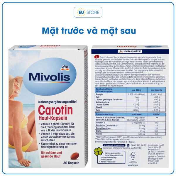 Viên uống chống nắng Mivolis Carotin Haut-Kapseln Đức 60 viên | eustore.com.vn