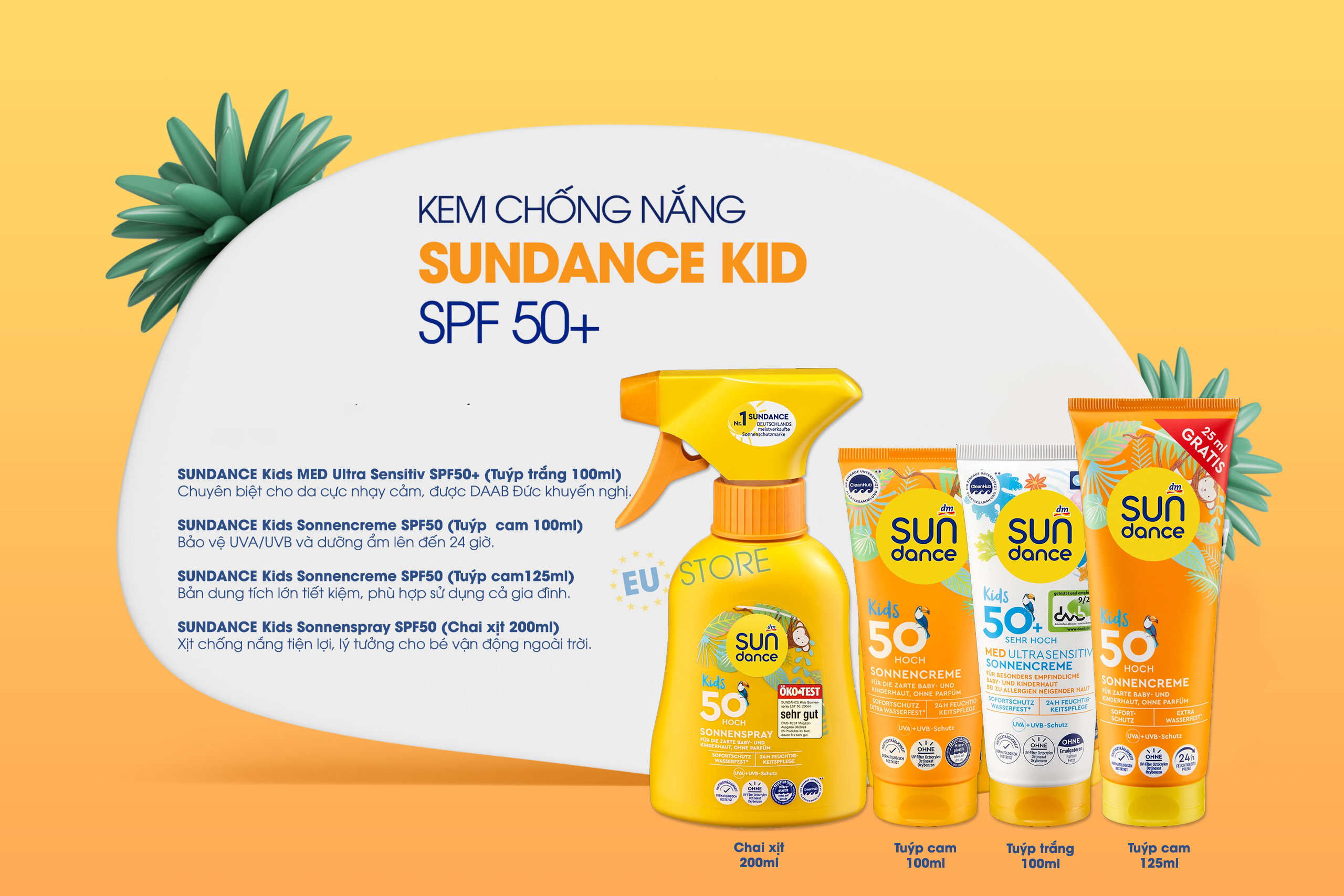 Kem & Xịt chống nắng trẻ em SUNDANCE Kids SPF50/SPF50+ Đức
