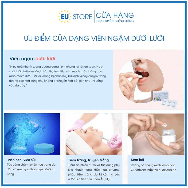 Ưu điểm của Viên ngậm trắng da dưới lưỡi GLutathione 100mg