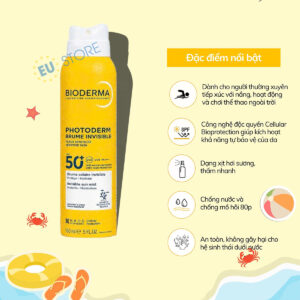[Mẫu mới Date 2029] Xịt chống nắng Bioderma Photoderm Brume Invisible SPF50+ 150ml