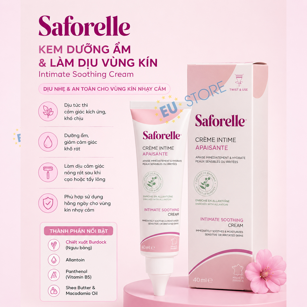 Kem dưỡng ẩm & làm dịu vùng kín Saforelle Intimate Soothing Cream 40ml