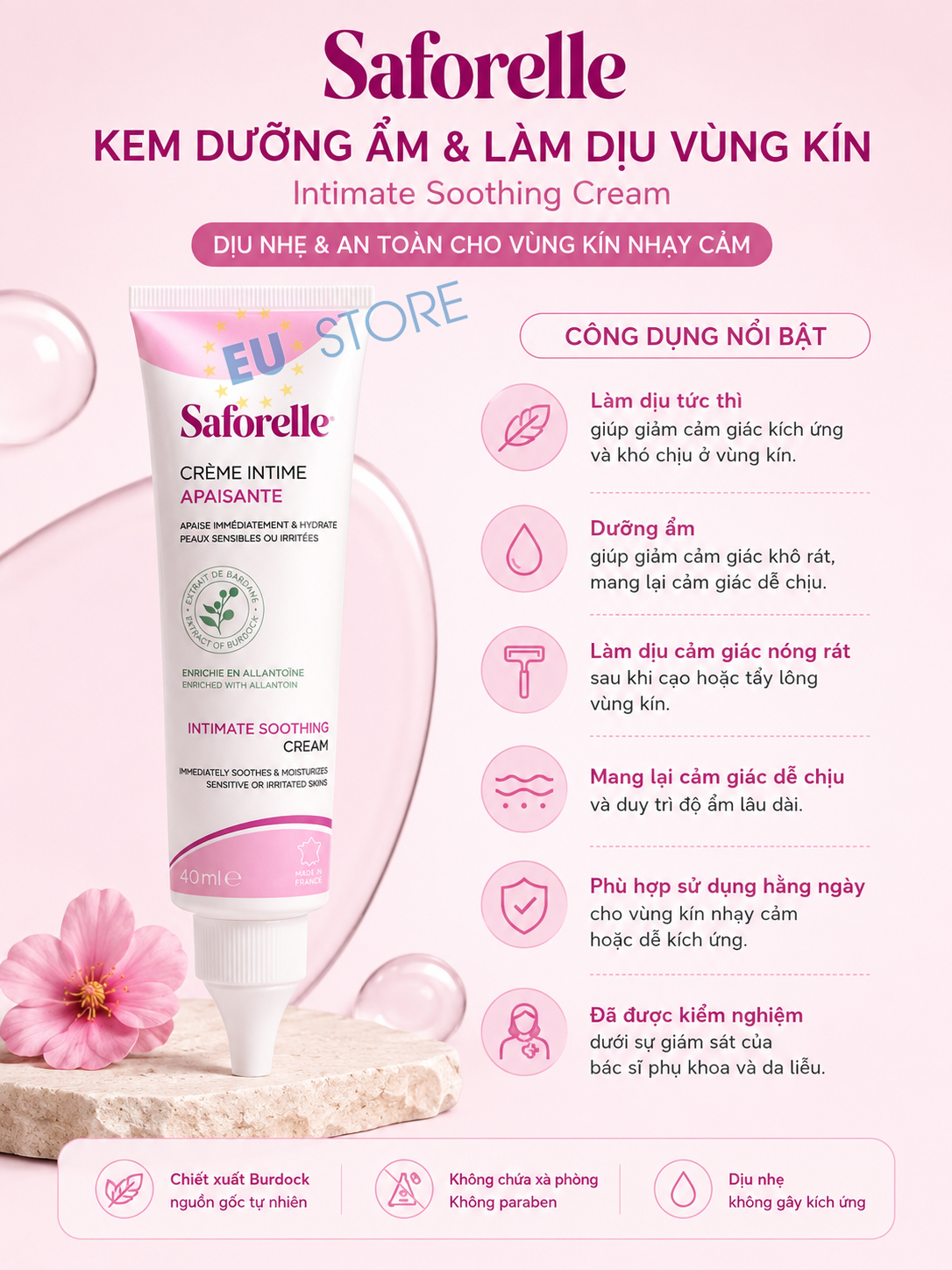 Kem dưỡng ẩm & làm dịu vùng kín Saforelle Intimate Soothing Cream 40ml
