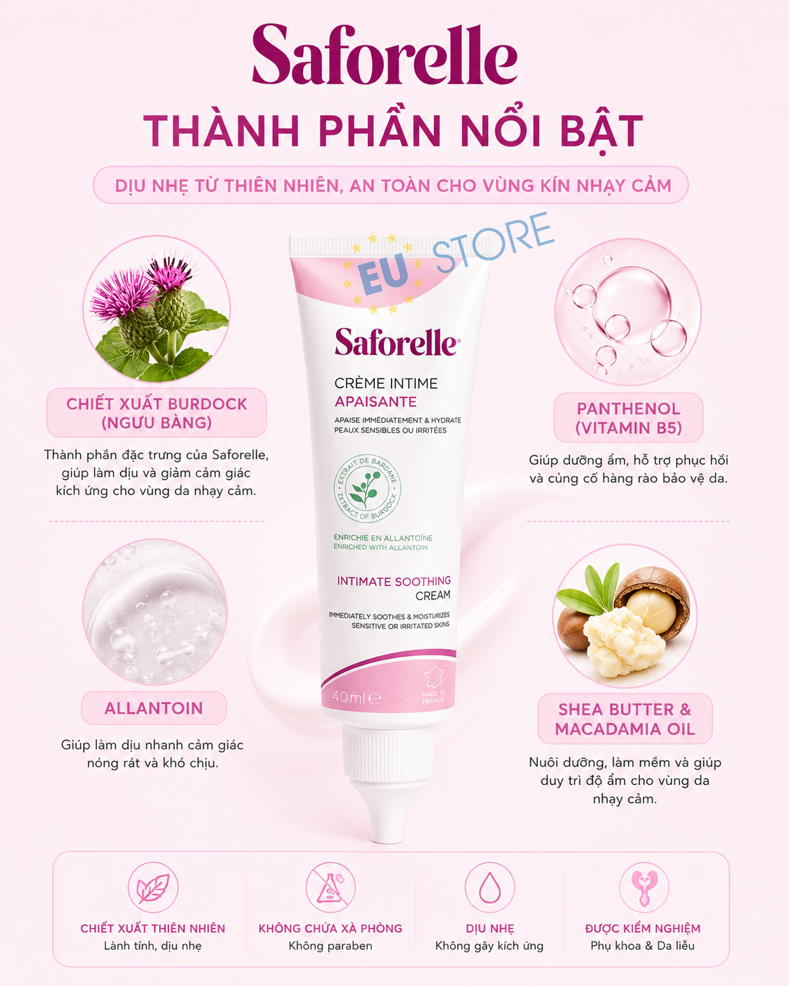 Kem dưỡng ẩm & làm dịu vùng kín Saforelle Intimate Soothing Cream 40ml