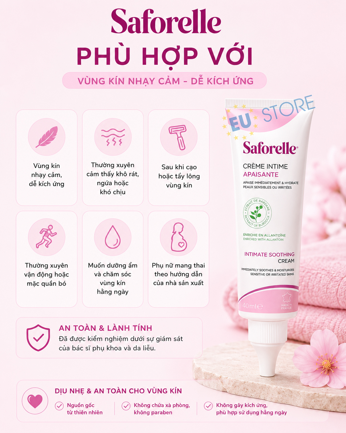 Kem dưỡng ẩm & làm dịu vùng kín Saforelle Intimate Soothing Cream 40ml