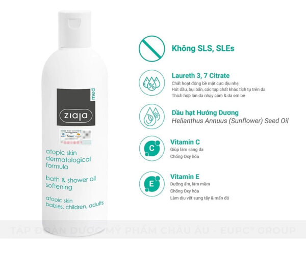 Thành phần chính trong Ziaja Med Bath & Shower Oil – Dầu tắm dịu nhẹ phục hồi da cơ địa, nhạy cảm