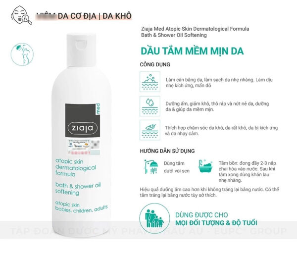 Ziaja Med Bath & Shower Oil – Dầu tắm dịu nhẹ phục hồi da cơ địa, nhạy cảm