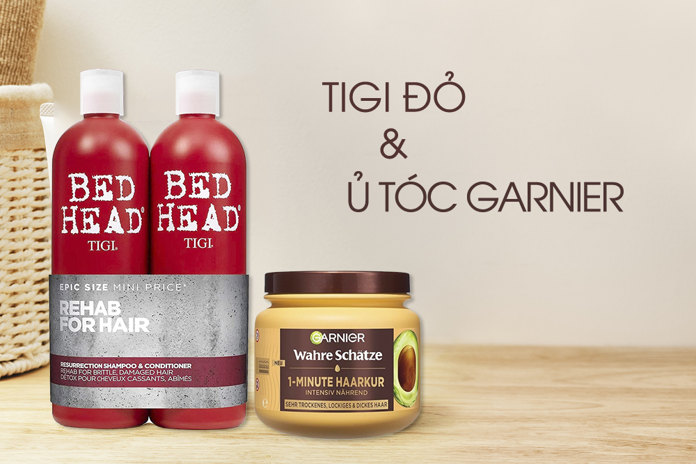 Combo Dưỡng ẩm , phục hồi tóc hư tổn, khô xơ - Dầu gội xả Tigi đỏ & Ủ tóc Garnier