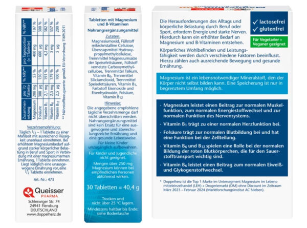 Doppelherz Magnesium 400 + B1 + B6 + B12 + Folic Acid – Giúp ngủ ngon, khỏe tim mạch | eustore.com.vn