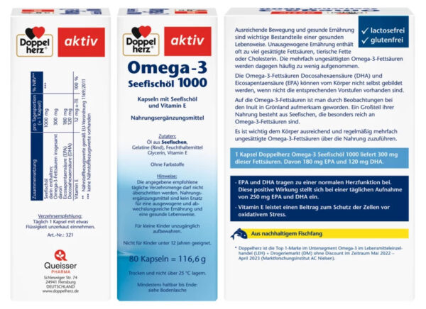 Doppelherz Omega-3 Seefischöl 1000 – Viên uống dầu cá biển hỗ trợ tim mạch khỏe mạnh, tốt cho não và trí nhớ | eustore.com.vn