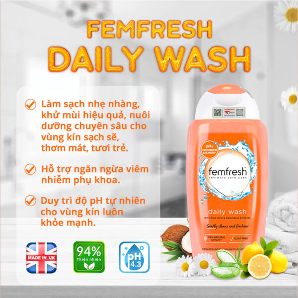 Dung dịch vệ sinh Femfresh Daily Wash cam 250ml - Dịu nhẹ, kháng khuẩn, dưỡng ẩm | eustore.com.vn