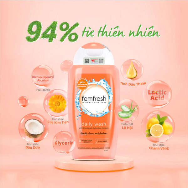 Thành phần của Dung dịch vệ sinh Femfresh Daily Wash cam 250ml - Dịu nhẹ, kháng khuẩn, dưỡng ẩm | eustore.com.vn