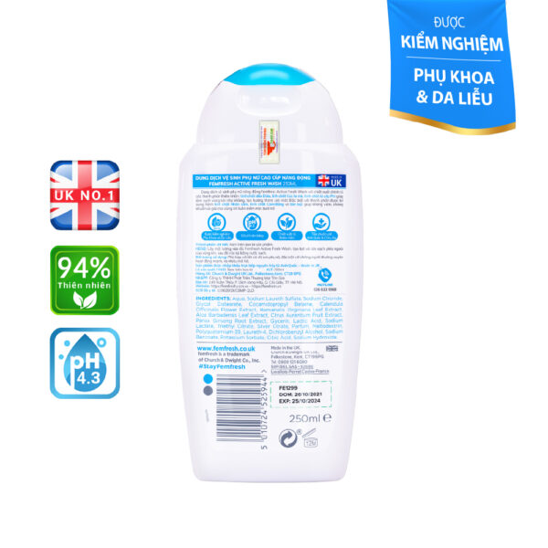 Dung dịch vệ sinh phụ nữ Femfresh Active Wash màu xanh 250ml - Tươi mát 12h, năng động cả ngày | eustore.com.vn