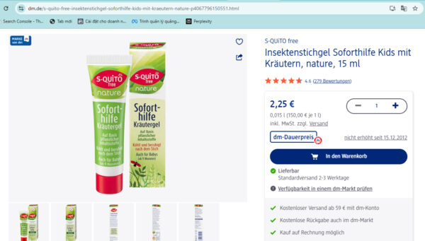 Kem bôi muỗi đốt S-quito Free Nature 15ml - Thảo dược an toàn, làm dịu ngứa & sưng đỏ nhanh chóng | eustore.com.vn