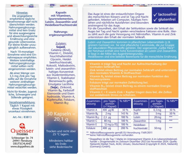 Thành phần trong Viên uống bổ mắt Doppelherz Augen Extra Tag + Nacht – Bảo vệ mắt khỏe mạnh cả ngày và đêm | eustore.com.vn