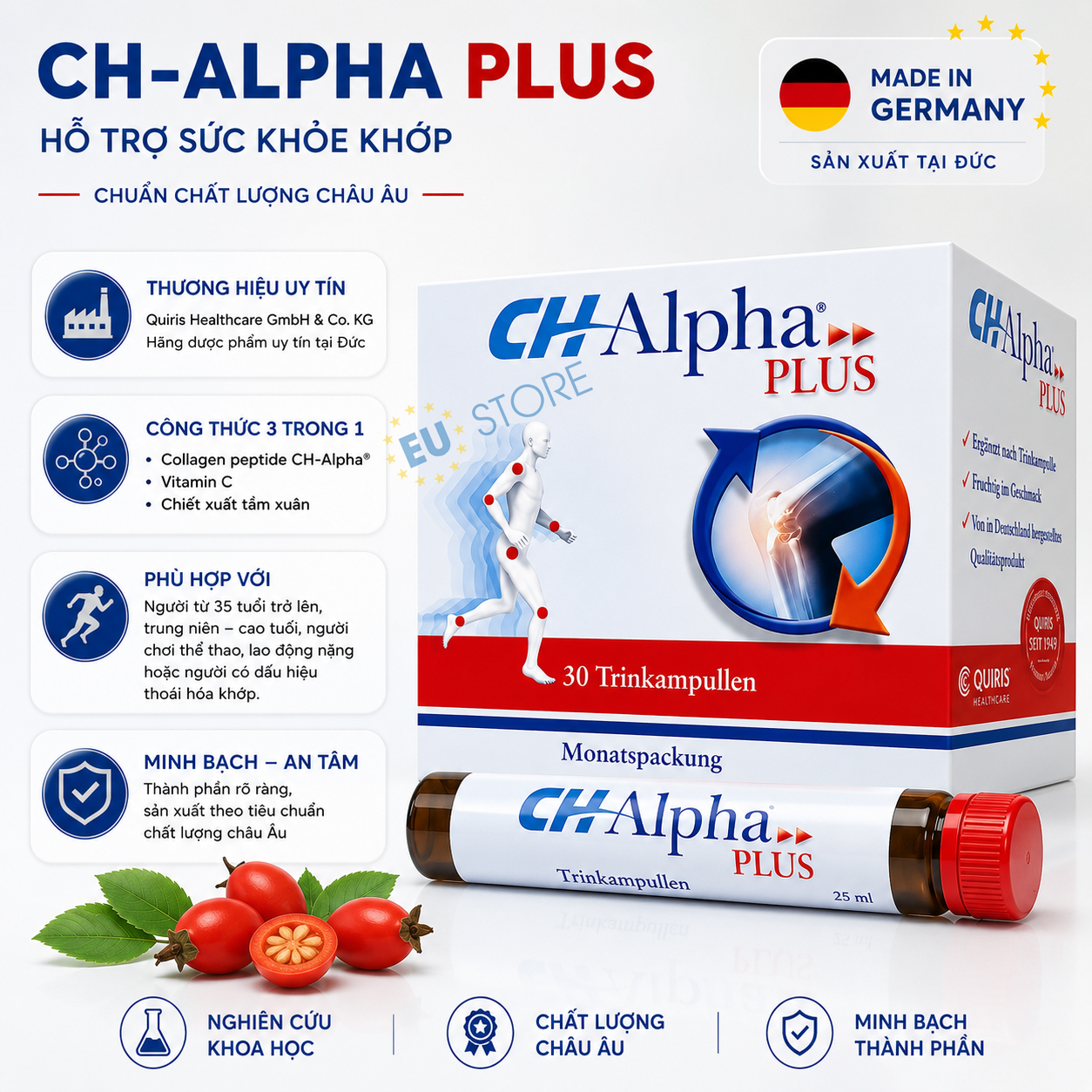 Collagen sụn khớp CH-Alpha Plus Đức 30 ống - Hỗ trợ sức khỏe khớp CH-Alpha Plus có tốt không? Đánh giá từ thành phần, nghiên cứu và hiệu quả sử dụng