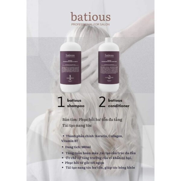 Dầu gội xả Batious tím 500ml & 960ml - Phục hồi tóc hư tổn đa tầng, dưỡng tóc mềm mượt | eustore.com.vn