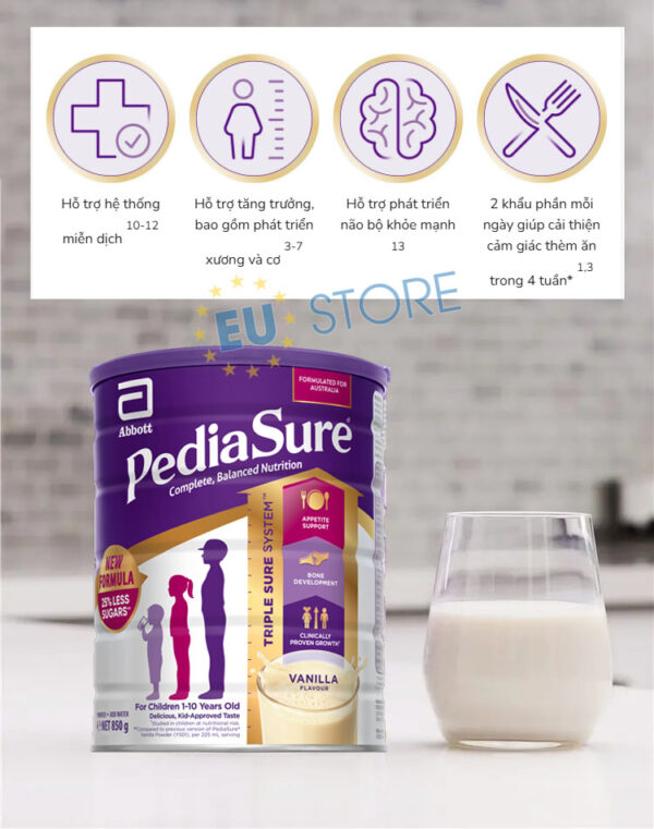Công dụng của sữa PediaSure Úc Vanilla 850g cho bé 1-10 tuổi – Dinh dưỡng cân bằng, ít đường cho bé biếng ăn | eustore.com.vn