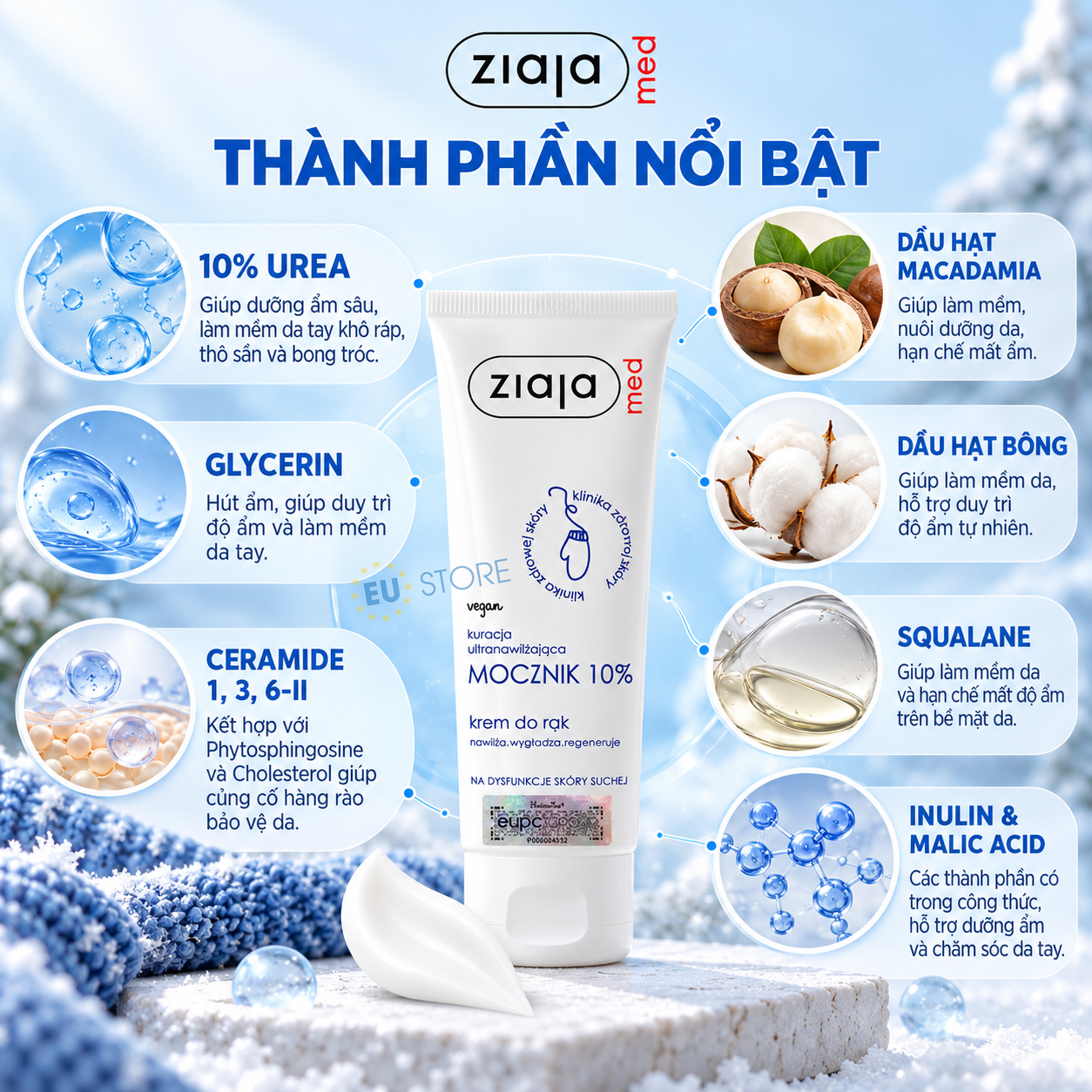 Thành phần của Kem dưỡng da tay Ziaja Med Ure 10% giảm khô nứt, kích ứng & làm mềm da tay Thành phần của Kem dưỡng da tay Ziaja Med Ure 10% giảm khô nứt, kích ứng & làm mềm da tay