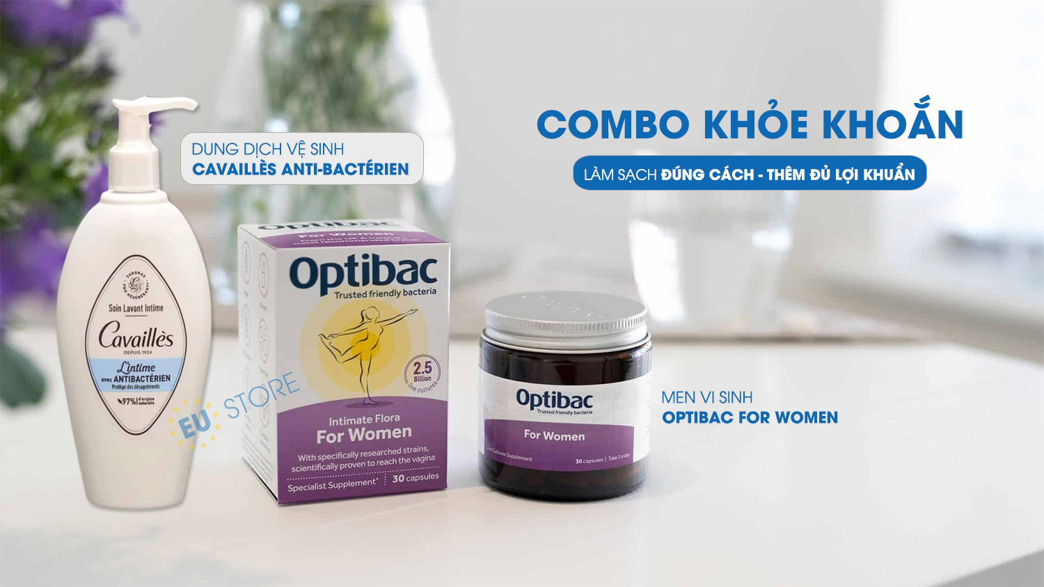 Combo chăm sóc vùng kín Optibac tím + Ddvs Cavaillès xanh Anti-Bactérien