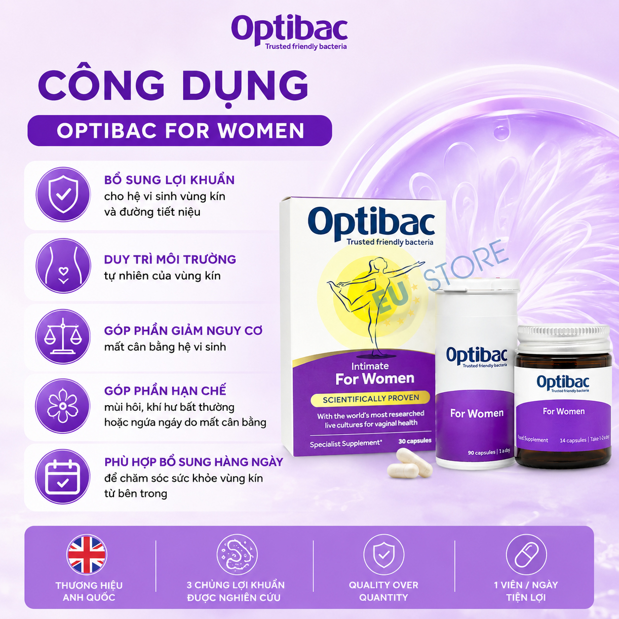 Công dụng của Men vi sinh vùng kín Optibac For Women tím hộp 30 viên & 90 viên Công dụng của Men vi sinh vùng kín Optibac For Women tím hộp 30 viên & 90 viên