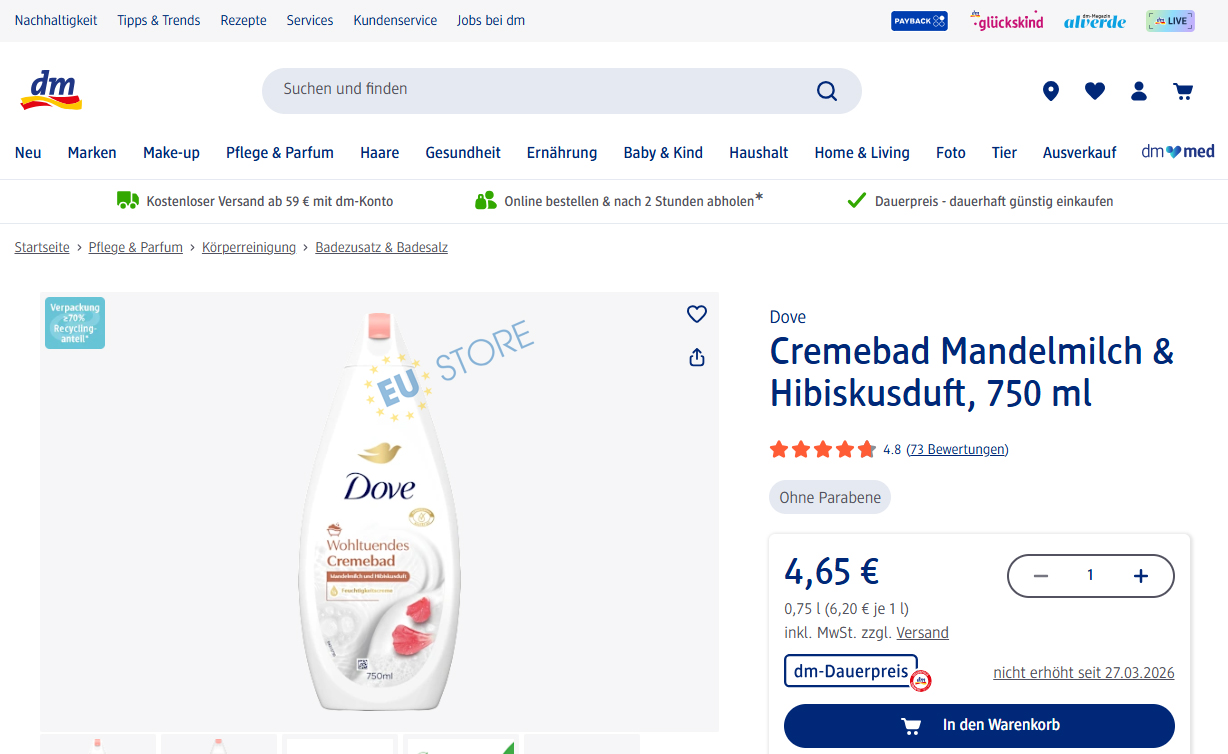 Sữa tắm dưỡng ẩm Dove Cremebad Mandelmilch & Hibiskusduft 750ml