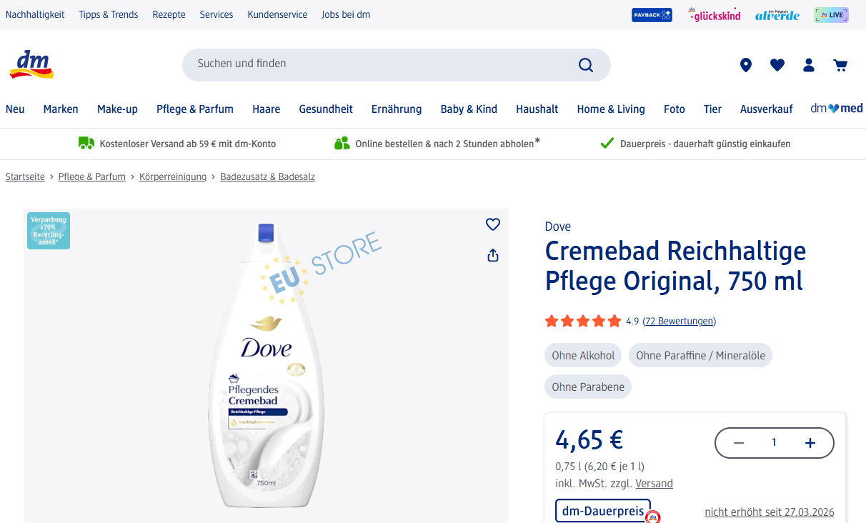 Sữa tắm dưỡng ẩm Dove Cremebad Pflegendes Original 750ml
