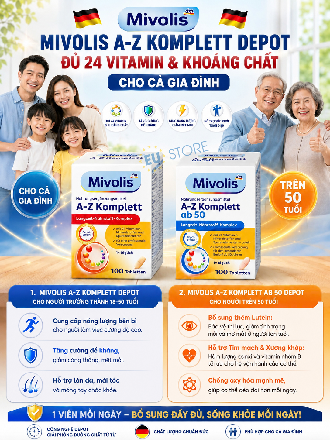 Vitamin tổng hợp Mivolis A-Z Komplett Depot & A-Z Komplett ab 50 Đức Vitamin tổng hợp Mivolis A-Z Komplett Depot & A-Z Komplett ab 50 Đức