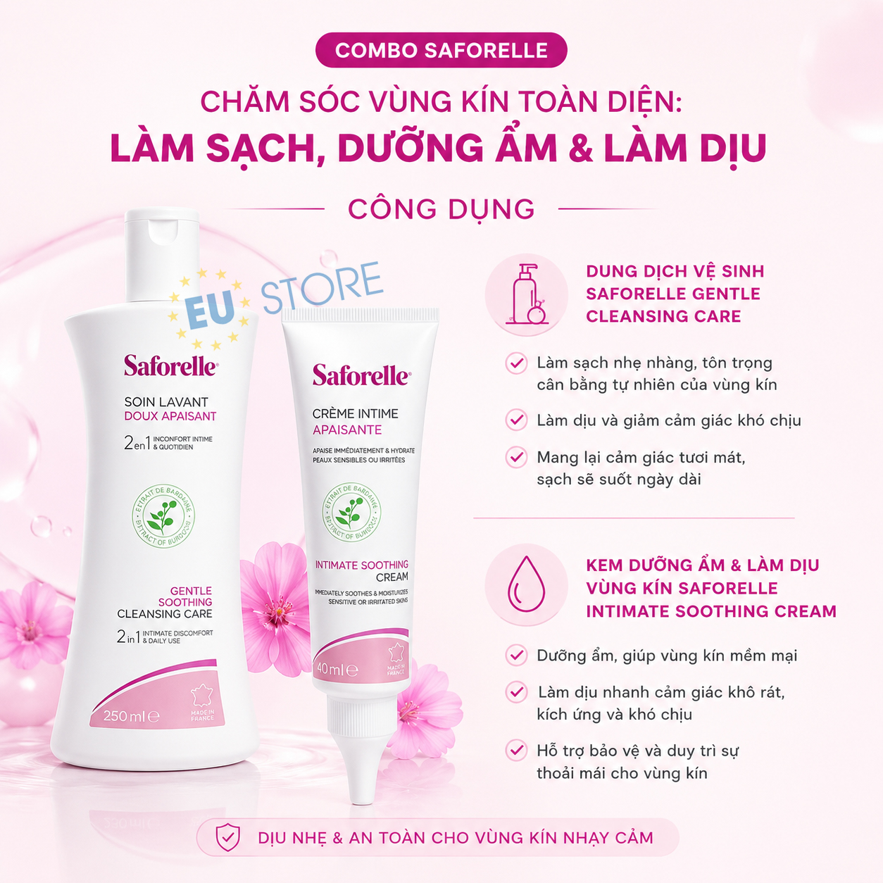 Combo Saforelle chăm sóc vùng kín toàn diện: Làm sạch, Dưỡng ẩm & Làm dịu Combo Saforelle chăm sóc vùng kín toàn diện: Làm sạch, Dưỡng ẩm & Làm dịu
