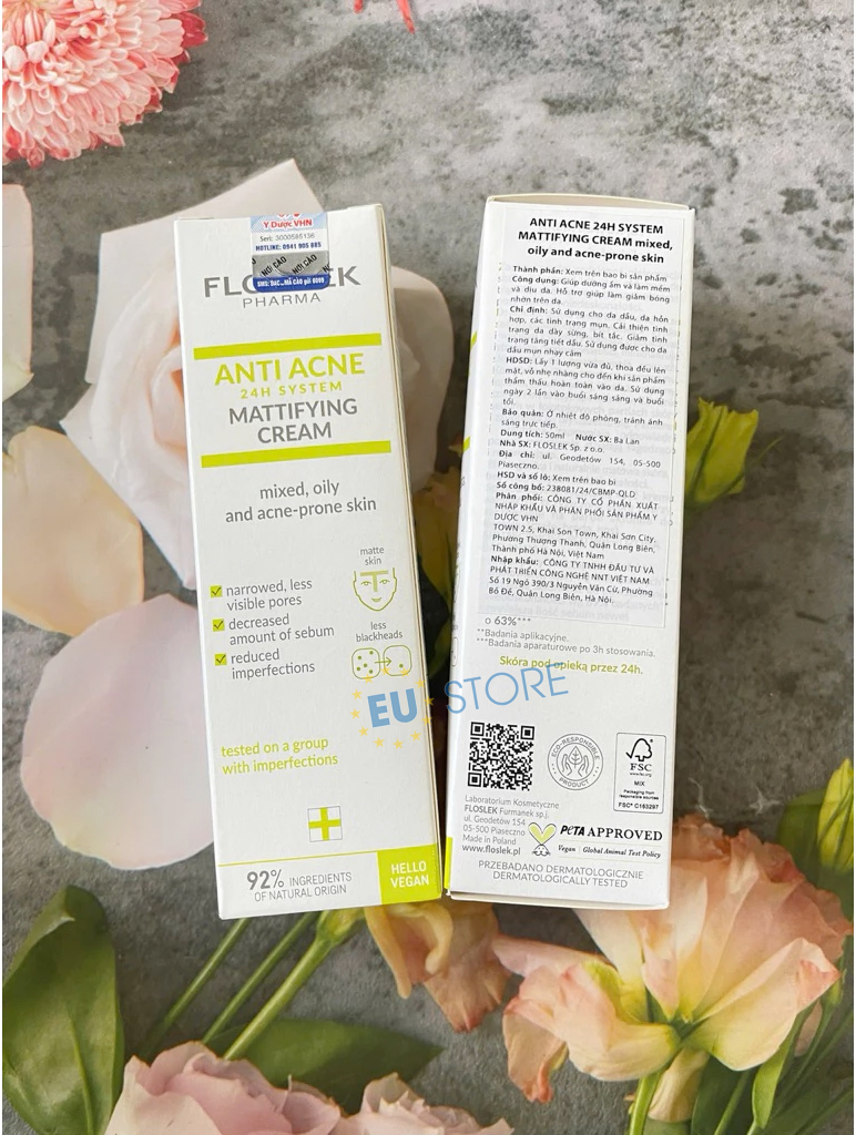 Kem dưỡng kiềm dầu, hỗ trợ giảm mụn Floslek ANTI ACNE 24h System 50ml