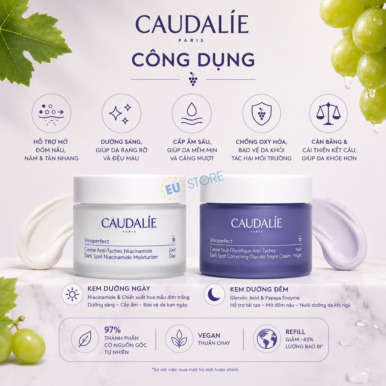 Công dụng của Kem dưỡng ngày & đêm Caudalie Vinoperfect 50ml - Mờ nám, dưỡng sáng và đều màu da Công dụng của Kem dưỡng ngày & đêm Caudalie Vinoperfect 50ml - Mờ nám, dưỡng sáng và đều màu da