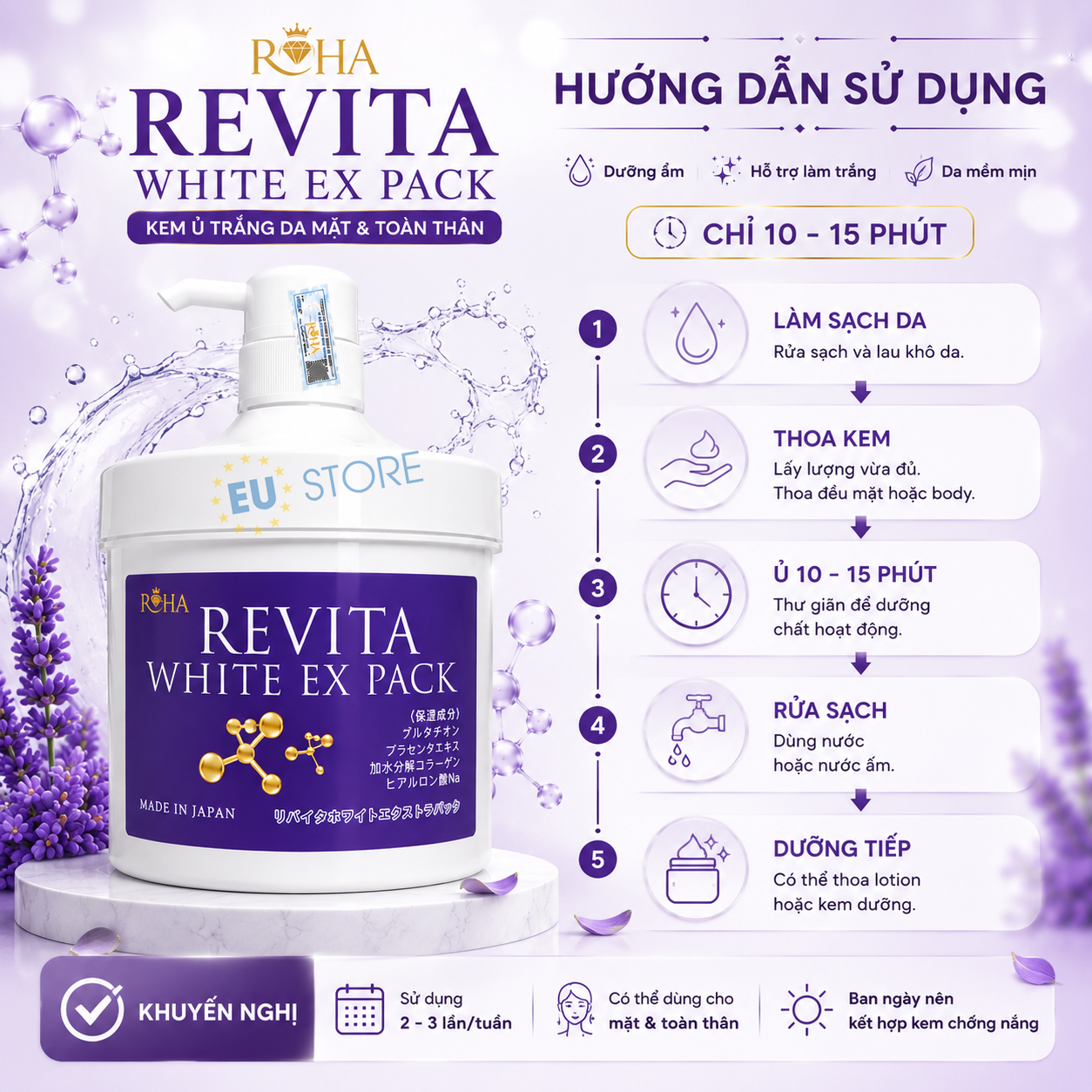Kem ủ trắng da mặt & toàn thân ROHA Revita White EX Pack 500g Nhật Bản Kem ủ trắng da mặt & toàn thân ROHA Revita White EX Pack 500g Nhật Bản