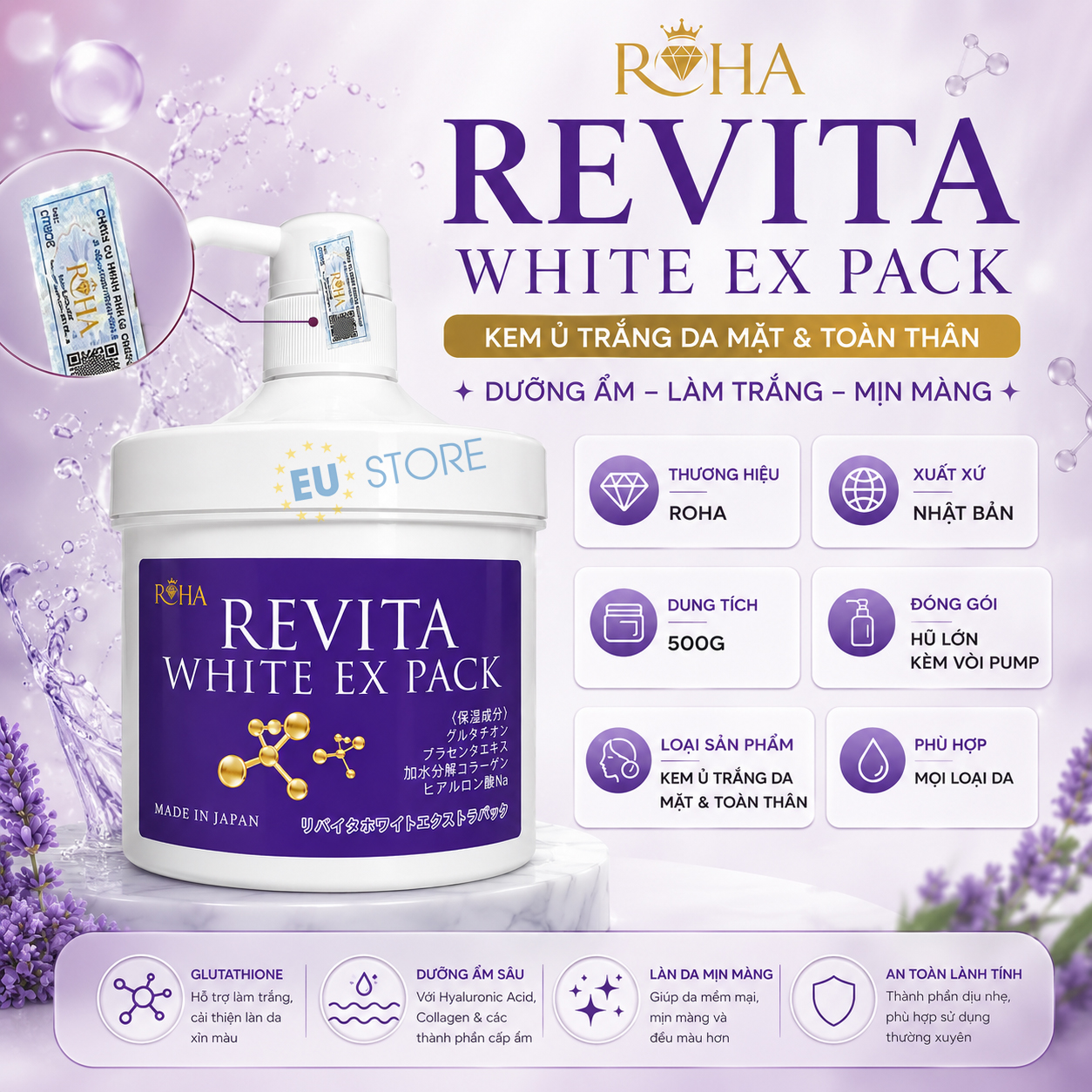 Kem ủ trắng da mặt & toàn thân ROHA Revita White EX Pack 500g Nhật Bản Kem ủ trắng da mặt & toàn thân ROHA Revita White EX Pack 500g Nhật Bản
