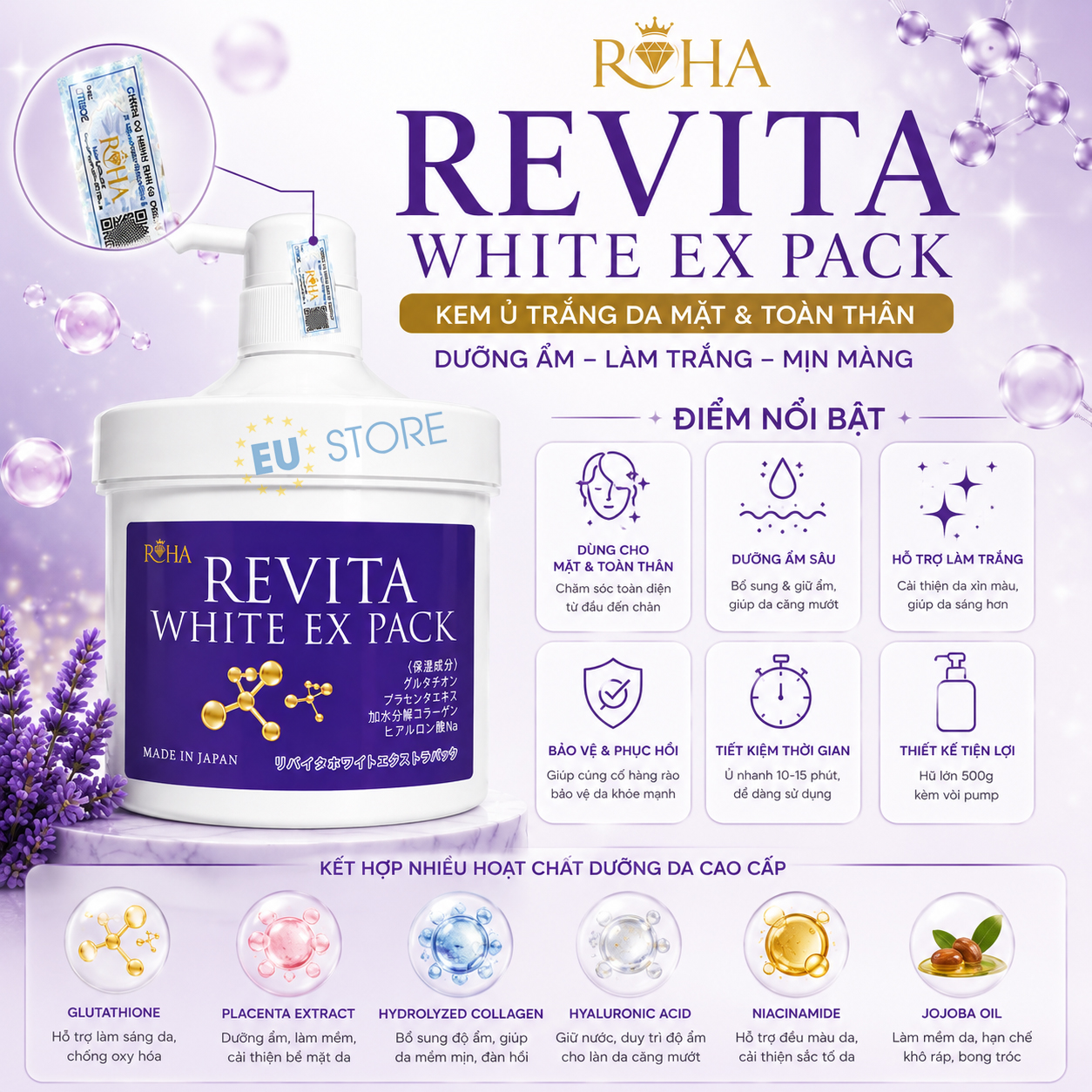 Kem ủ trắng da mặt & toàn thân ROHA Revita White EX Pack 500g Nhật Bản Kem ủ trắng da mặt & toàn thân ROHA Revita White EX Pack 500g Nhật Bản