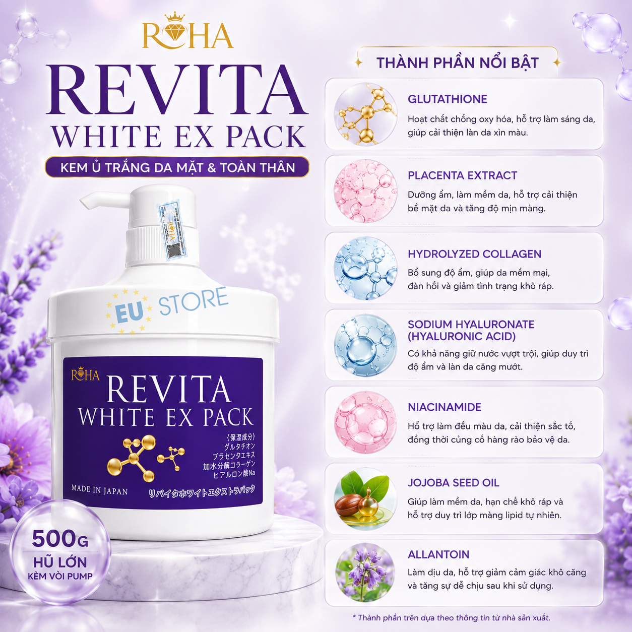 Kem ủ trắng da mặt & toàn thân ROHA Revita White EX Pack 500g Nhật Bản Kem ủ trắng da mặt & toàn thân ROHA Revita White EX Pack 500g Nhật Bản
