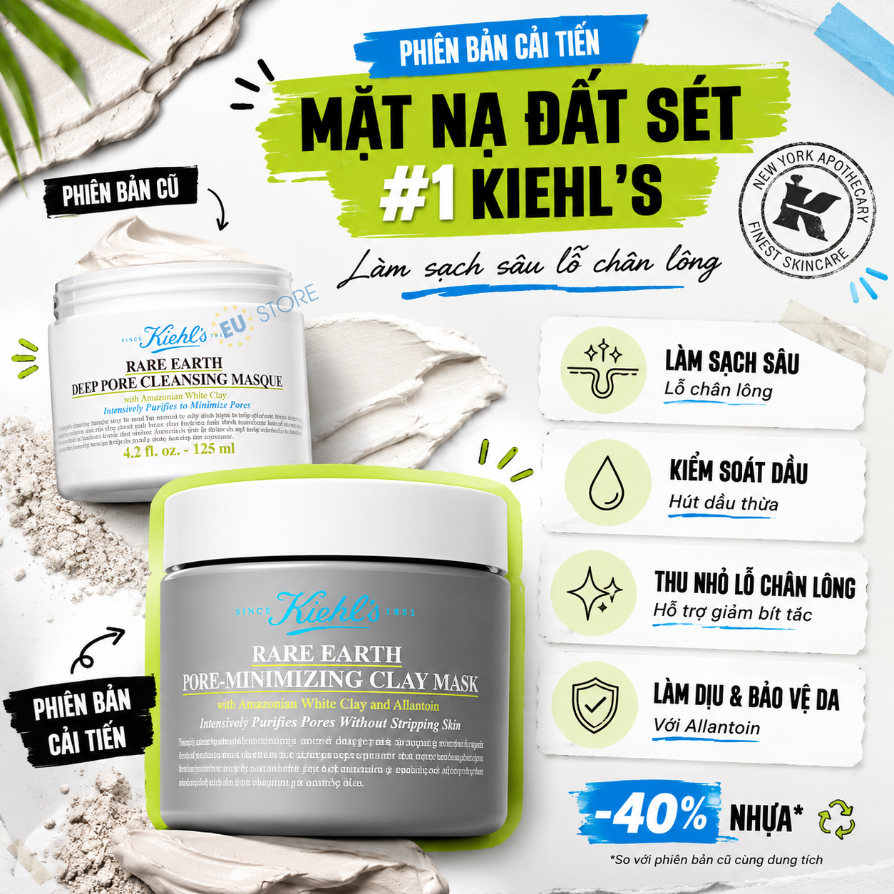 Mặt nạ đất sét Kiehl's Rare Earth Pore-Minimizing Clay Mask 28ml & 125ml mẫu mới Mặt nạ đất sét Kiehl's Rare Earth Pore-Minimizing Clay Mask 28ml & 125ml mẫu mới