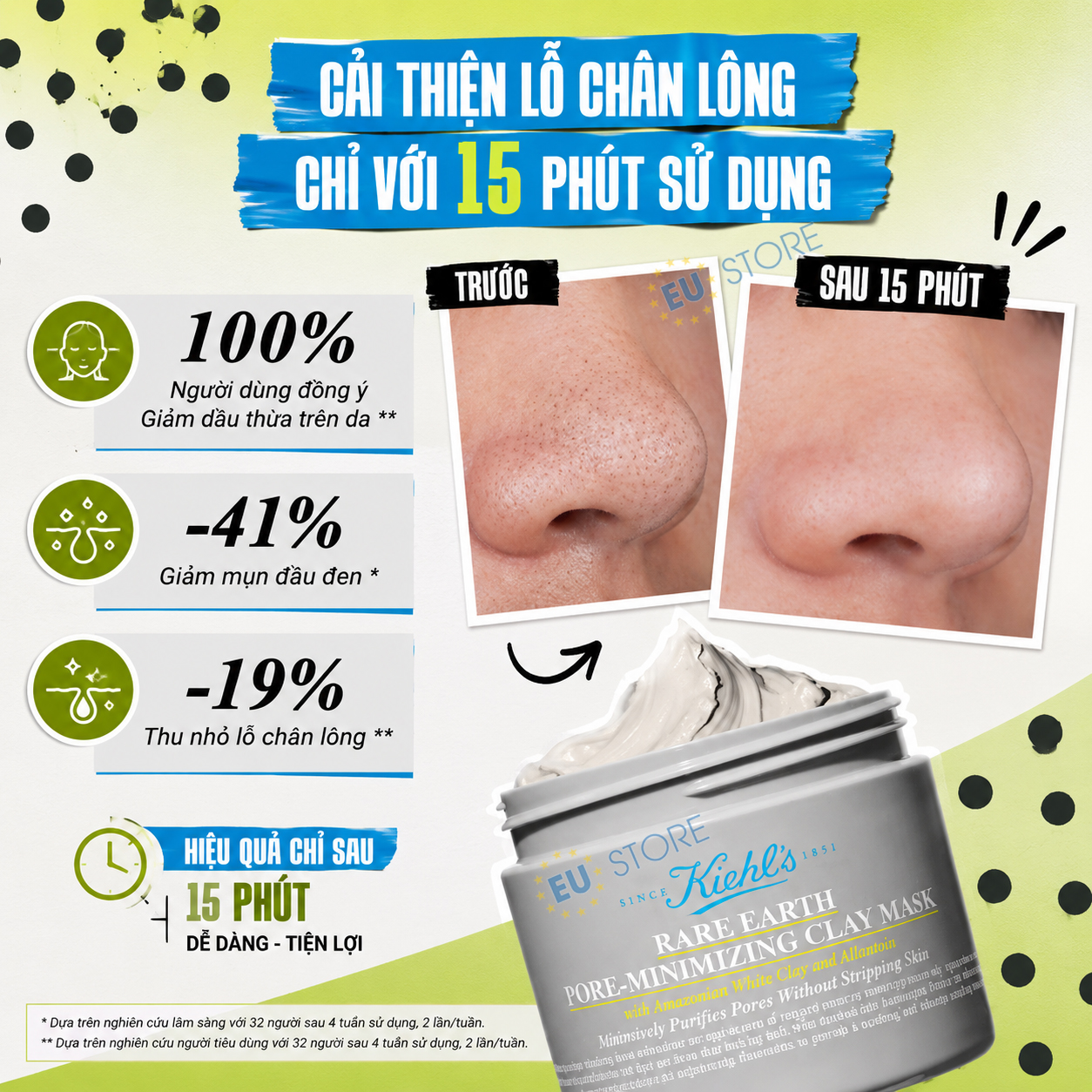 Công dụng của Mặt nạ đất sét Kiehl's Rare Earth Pore-Minimizing Clay Mask 28ml & 125ml mẫu mới