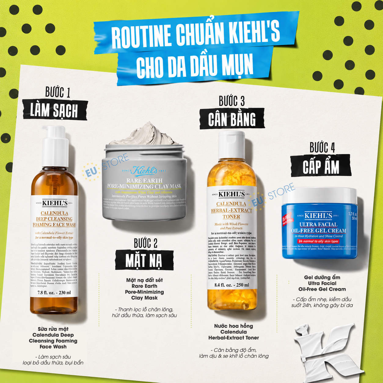 Routine chăm sóc da dầu mụn chuẩn Kiehl's với mặt nạ đất sét Rare Earth Pore-Minimizing Clay Mask 28ml & 125ml mẫu mới Routine chăm sóc da dầu mụn chuẩn Kiehl's với mặt nạ đất sét Rare Earth Pore-Minimizing Clay Mask 28ml & 125ml mẫu mới