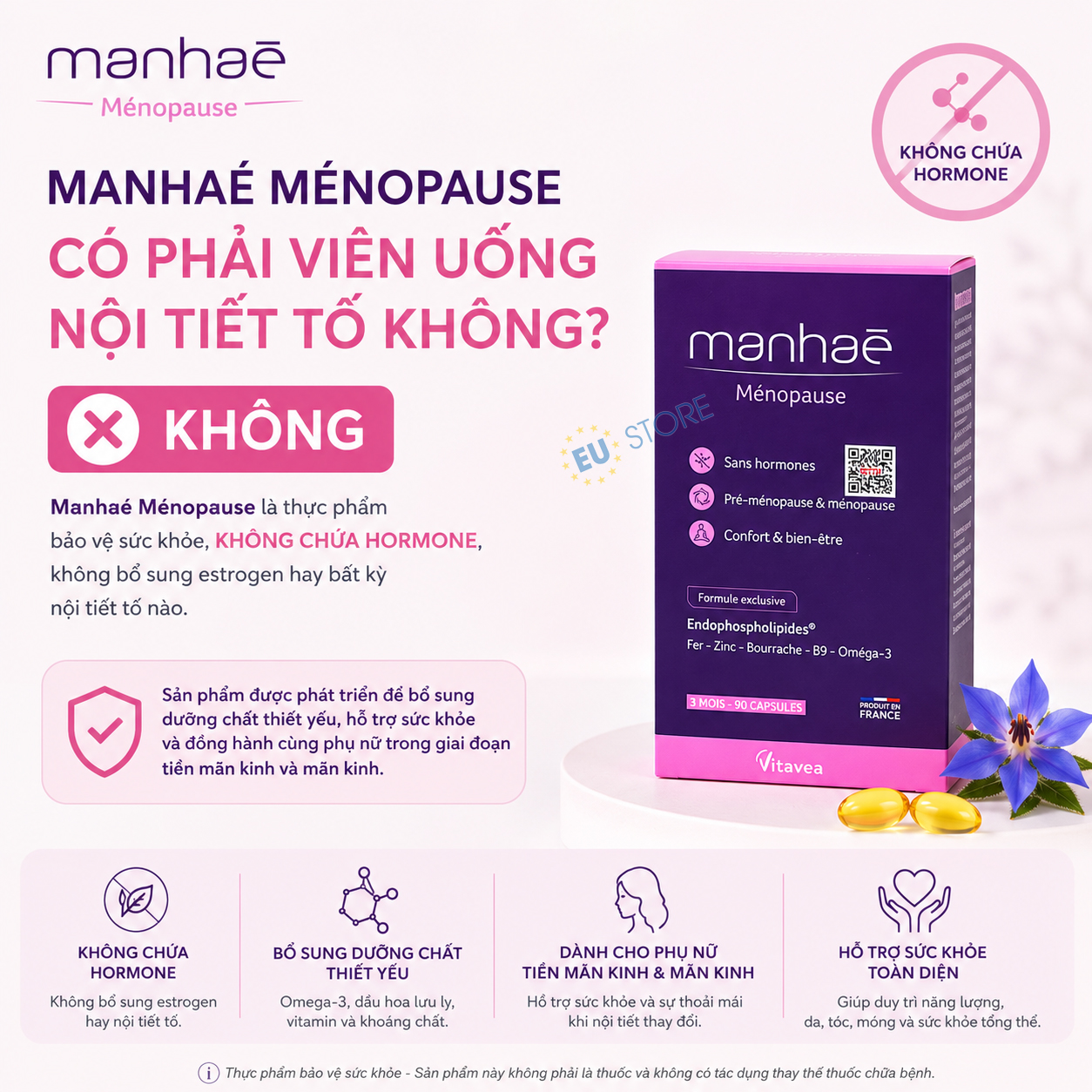 Manhaé Ménopause có phải viên uống nội tiết tố không? Viên uống hỗ trợ tiền mãn kinh Manhaé Ménopause Vitavea Pháp có phải viên uống nội tiết tố không?