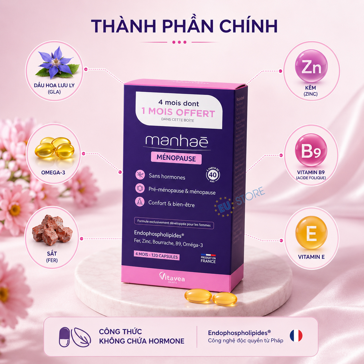 Thành phần của viên uống hỗ trợ tiền mãn kinh Manhaé Ménopause Vitavea Pháp Thành phần của viên uống hỗ trợ tiền mãn kinh Manhaé Ménopause Vitavea Pháp