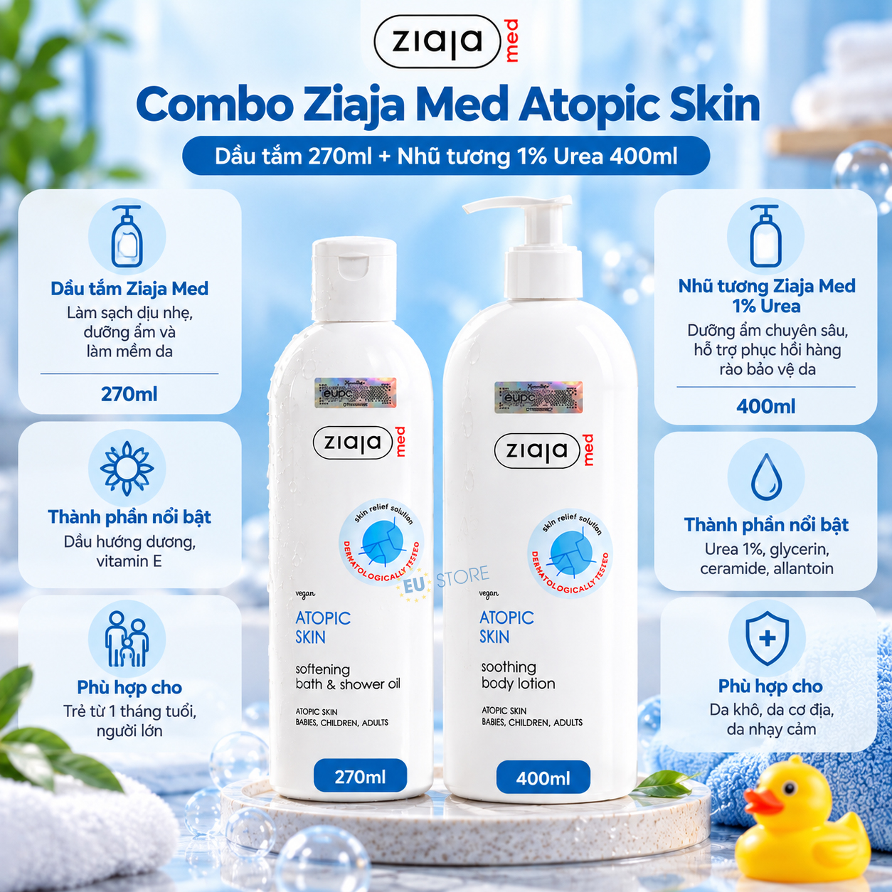 Combo Chăm Sóc Da Cơ Địa Ziaja Med – Dầu Tắm 270ml + Nhũ Tương 1% Urea 400ml Combo Chăm Sóc Da Cơ Địa Ziaja Med – Dầu Tắm 270ml + Nhũ Tương 1% Urea 400ml